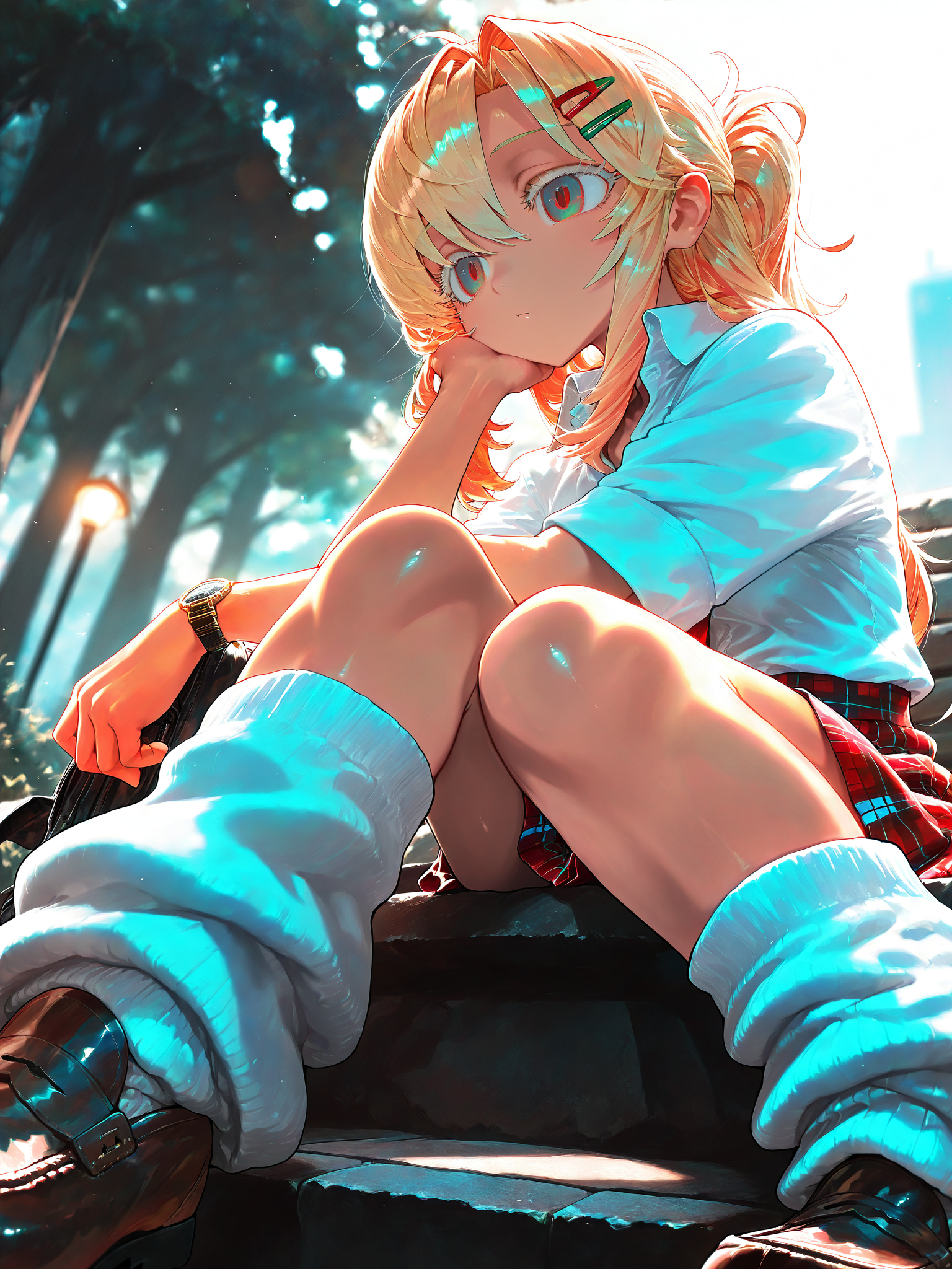 <lora:PizzaCR2XL:1>, PCo_CR, 1girl, dark skin, long hair, hairclip, two-tone eyes, wristwatch, half updo, ponytail, white shirt, collared shirt, plaid skirt, red skirt, loose socks, white socks, bored, loafers, outdoors, foreshortening, 
ekrea_jan, modare, mikozin, imizu \(nitro unknown\) <lora:spo_sdxl_10ep_4k-data_lora_webui:0.5><lora:cfg_scale_boost:0.9> bored, white eyelashes, 
volumetric lighting, masterpiece, best quality, amazing quality, very aesthetic, absurdres, newest, soft lighting, dim lighting, lazypos, <lora:Nyalia_-_Style:0.4>
