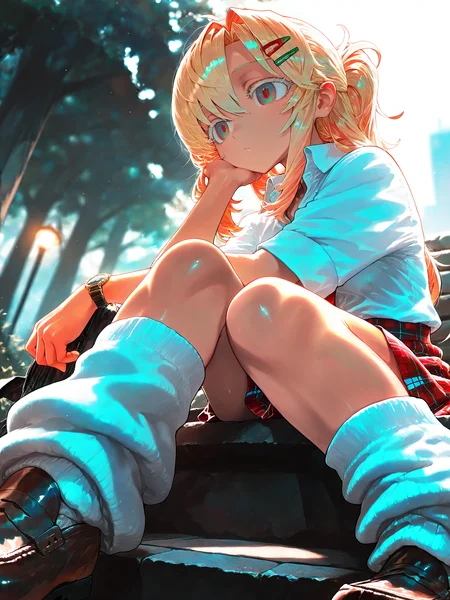 <lora:PizzaCR2XL:1>, PCo_CR, 1girl, dark skin, long hair, hairclip, two-tone eyes, wristwatch, half updo, ponytail, white shirt, collared shirt, plaid skirt, red skirt, loose socks, white socks, bored, loafers, outdoors, foreshortening,
ekrea_jan, modare, mikozin, imizu \(nitro unknown\) <lora:spo_sdxl_10ep_4k-data_lora_webui:0.5><lora:cfg_scale_boost:0.9> bored, white eyelashes,
volumetric lighting, masterpiece, best quality, amazing quality, very aesthetic, absurdres, newest, soft lighting, dim lighting, lazypos, <lora:Nyalia_-_Style:0.4>