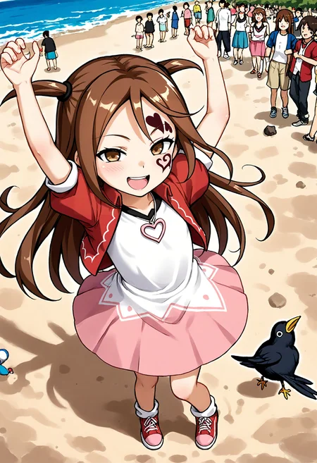 <lora:Hyper-SDXL-8steps-lora:1> <lora:Fixhands_anime_bdsqlsz_V1:1> zPDXL2, score_9, score_8_up, score_7_up, source_anime, intricate details, perfect anatomy BREAK
outdoors, beach, ocean, audience, crowd, arms up, from above, Happy, wide smile with raised cheeks and crow's feet around the eyes., dynamic angle,
1girl, solo, solo focus,
<lora:MK-kagamitina_XL(pony)v10:1> mk-kagamitina, brown hair, long hair, two side up, brown eyes, facial tattoo, heart necklace, white shirt, red jaket, pink skirt, red shoes,