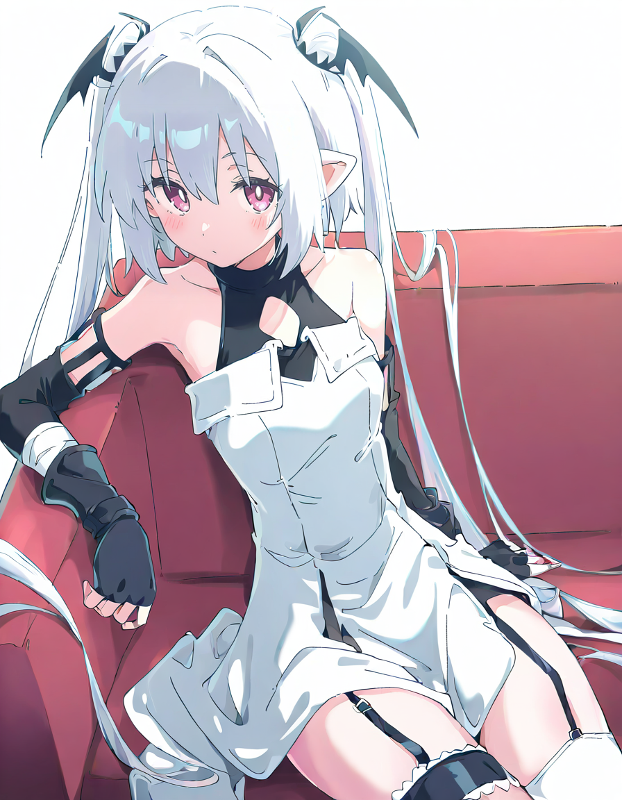 liloai,1girl,solo,<lora:liloai-000012:1>,looking at viewer,simple background,cowboy shot,white background,white dress,bare shoulders,bare shoulders,garter straps,pointy ears,fingerless gloves,detached sleeves,sitting,, masterpiece, best quality, very aesthetic, absurdres,newest, incredibly absurdres,, (Ixy:0.6)),(hiten \(hitenkei\):0.7),