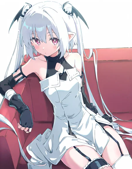 liloai,1girl,solo,<lora:liloai-000012:1>,looking at viewer,simple background,cowboy shot,white background,white dress,bare shoulders,bare shoulders,garter straps,pointy ears,fingerless gloves,detached sleeves,sitting,, masterpiece, best quality, very aesthetic, absurdres,newest, incredibly absurdres,, (Ixy:0.6)),(hiten \(hitenkei\):0.7),