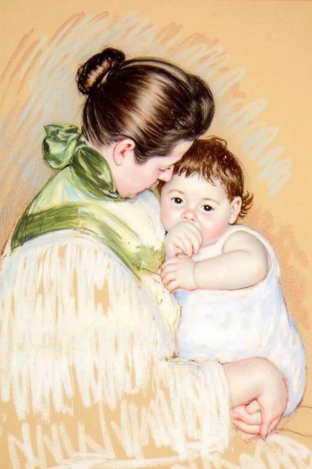 marycassatt2 drawing.
A mother is shown with her back to the viewer, her dark hair pulled back into a neat bun. She is dressed in a light garment with a green ribbon or scarf tied around her neck, sharing a tender moment with a young child she is holding. The child is sucking on his thumb. <lora:marycassatt2_cap_d6a3:1.0><lora:840641974760449760:0>