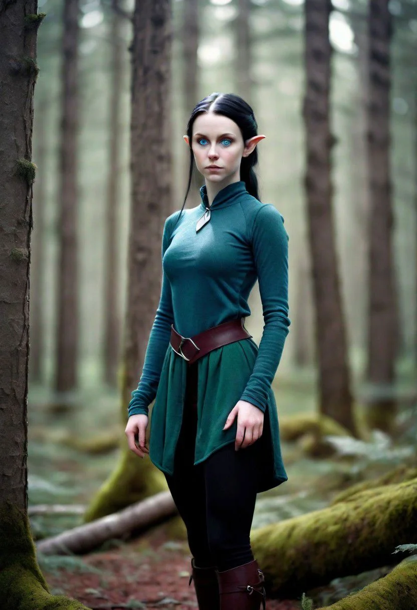 very ashen pale skinned young (elf) woman with black hair in a ponytail and blue eyes in Dark green/maroon attire in a arctic forest, photo, HDR, high res, full body
