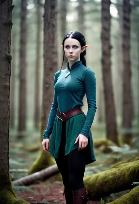 very ashen pale skinned young (elf) woman with black hair in a ponytail and blue eyes in Dark green/maroon attire in a arctic forest, photo, HDR, high res, full body