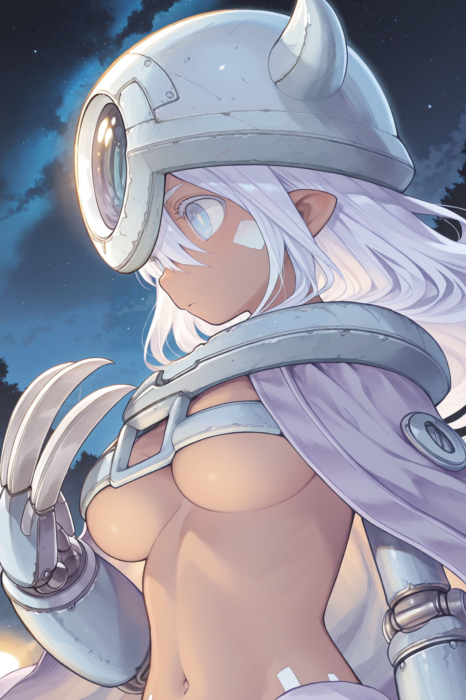 solo, 1girl, kirinia, facial mark, body mark, mechanical arms, claws, cape, helmet, fake horns, horned helmet, navel, conveniently censored, outdoors, starry sky, night, beautiful lighting, dim light, upper body, underboob, large breasts, emotionless, portrait, profile, BREAK ((ultra-detailed)), ((best quality)), ((beautiful eyes)), ((extremely detailed)), 4K, (8K), best quality, (beautiful), Master piece, highres, best quality, official art, highres, masterpiece, detailed background, high quality background,