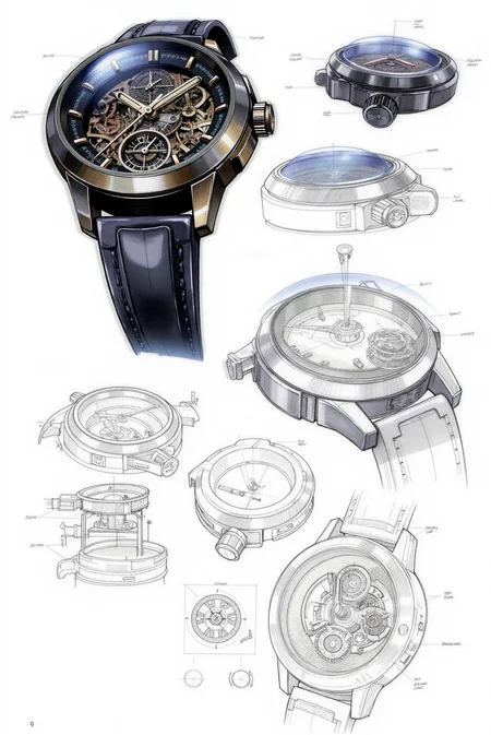 <lora:Watercolor_sketch_v.1:0.9> Watercolorsketch style.  A technical concept design sketch colored with watercolor features a luxury mechanical wristwatch, merging modern engineering with timeless craftsmanship. The bold, angular case, forged from brushed carbon fiber and polished titanium, is highlighted by deep ink contours and watercolor gradients transitioning from cool gunmetal grays to subtle hints of warm bronze. The domed sapphire crystal lens reveals a mesmerizing skeleton dial, where finely detailed gears, micro-etched bridges, and a suspended tourbillon mechanism are intricately rendered with metallic ink highlights. The luminous hands, accented with soft watercolor glows, contrast against the intricate backdrop of rotating numerals and precision-milled subdials. A side elevation sketch illustrates the ergonomic curvature of the case, with pushers and a textured crown designed for tactile responsiveness. The isometric exploded view dissects the internal componentsâcoiled mainspring, jeweled pivots, and oscillating weightâwhile a dynamic three-quarter perspective brings the watch to life, its shadowed depths and gleaming surfaces capturing the essence of technical refinement.