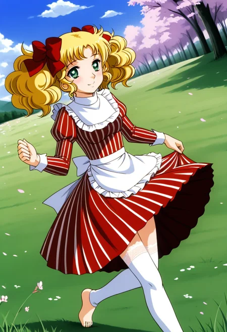 La B 1990s \(style\), 1 girl, alone, cute face, green eyes, soft smile, blonde hair, curly hair, long hair, pigtails, bun, hair bow, ribbon, medium breasts, puffer dress, red striped dress, knee-length dress, high collar, white lace bib, puff sleeves, white stockings, barefoot, running, depth of field, countryside, grass, hill, trees, cherry blossoms, blue sky, clouds