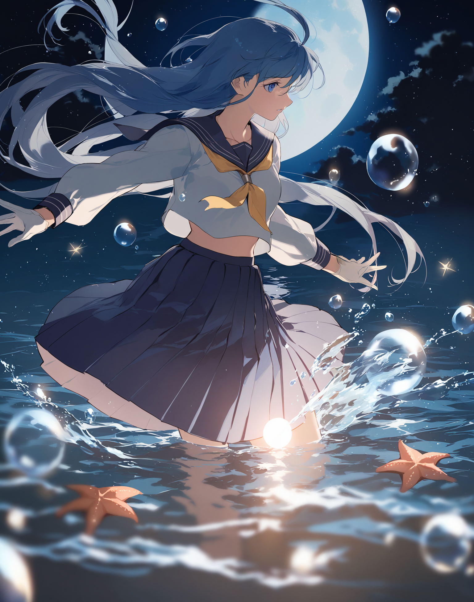 <lora:potgXLlokr4f:0.9>,masterpiece,best quality,Cinematic Lighting,
1girl,long hair,solo,moon,blue hair,water,(crescent moon:0.8),white gloves,bubble,starfish,night,film lighting,serafuku,white_shirt,long_sleeves,blue_skirt,pleated_skirt,skirt,hair in the wind,(upper_body:1.4),(medium_shot:1.3),close-up,
