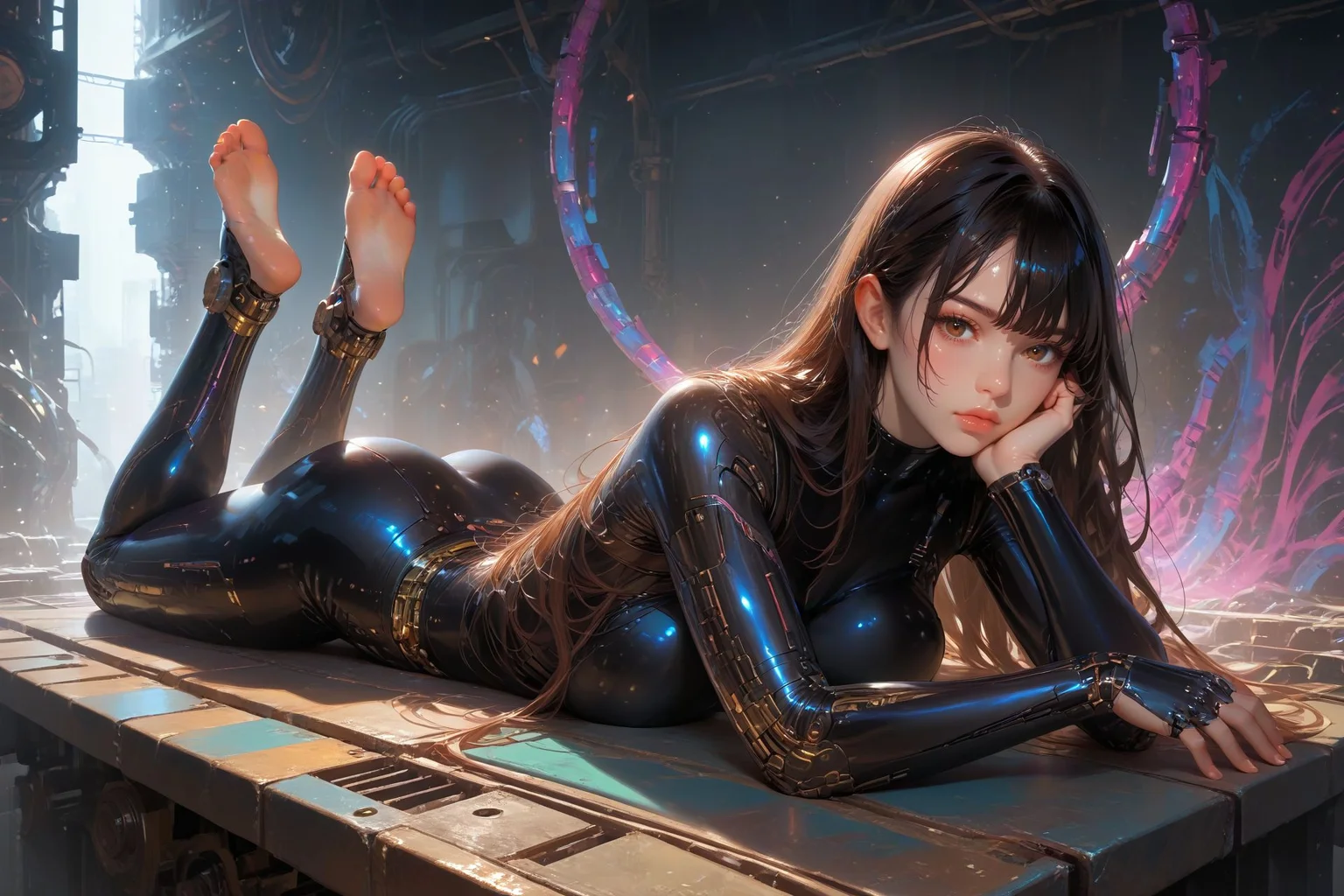looking at viewer,detailed background,Cinematic Lighting,film grain,score_9,score_8_up,score_7_up,masterpiece,best quality,highly detailed,
<lora:(增强)sdxl_lightning_8step_lora:1>,<lora:glowneon_xl_v1:1>,glowing,<lora:add_details_xl:1>,<lora:hand 4:0.8>,hand person,<lora:(增强)Expressive_H-000001:0.8>,Expressiveh,<lora:th3rm4lXLP:0.6>,th3rm4l,colorful,
1girl,solo,long hair,spine,breasts,brown hair,huge breasts,mechanical parts,science fiction,android,cyborg,brown eyes,bodysuit,black hair,gradient,lips,joints,robot joints,closed mouth,skin tight,dark skin,dark-skinned female,bangs,mechanical arms,robot,looking at viewer,prone,<lora:proneXLP:0.4>,prone,on stomach,lying,thighs,toes,from above,looking down,