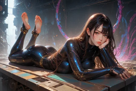 looking at viewer,detailed background,Cinematic Lighting,film grain,score_9,score_8_up,score_7_up,masterpiece,best quality,highly detailed,
<lora:(增强)sdxl_lightning_8step_lora:1>,<lora:glowneon_xl_v1:1>,glowing,<lora:add_details_xl:1>,<lora:hand 4:0.8>,hand person,<lora:(增强)Expressive_H-000001:0.8>,Expressiveh,<lora:th3rm4lXLP:0.6>,th3rm4l,colorful,
1girl,solo,long hair,spine,breasts,brown hair,huge breasts,mechanical parts,science fiction,android,cyborg,brown eyes,bodysuit,black hair,gradient,lips,joints,robot joints,closed mouth,skin tight,dark skin,dark-skinned female,bangs,mechanical arms,robot,looking at viewer,prone,<lora:proneXLP:0.4>,prone,on stomach,lying,thighs,toes,from above,looking down,