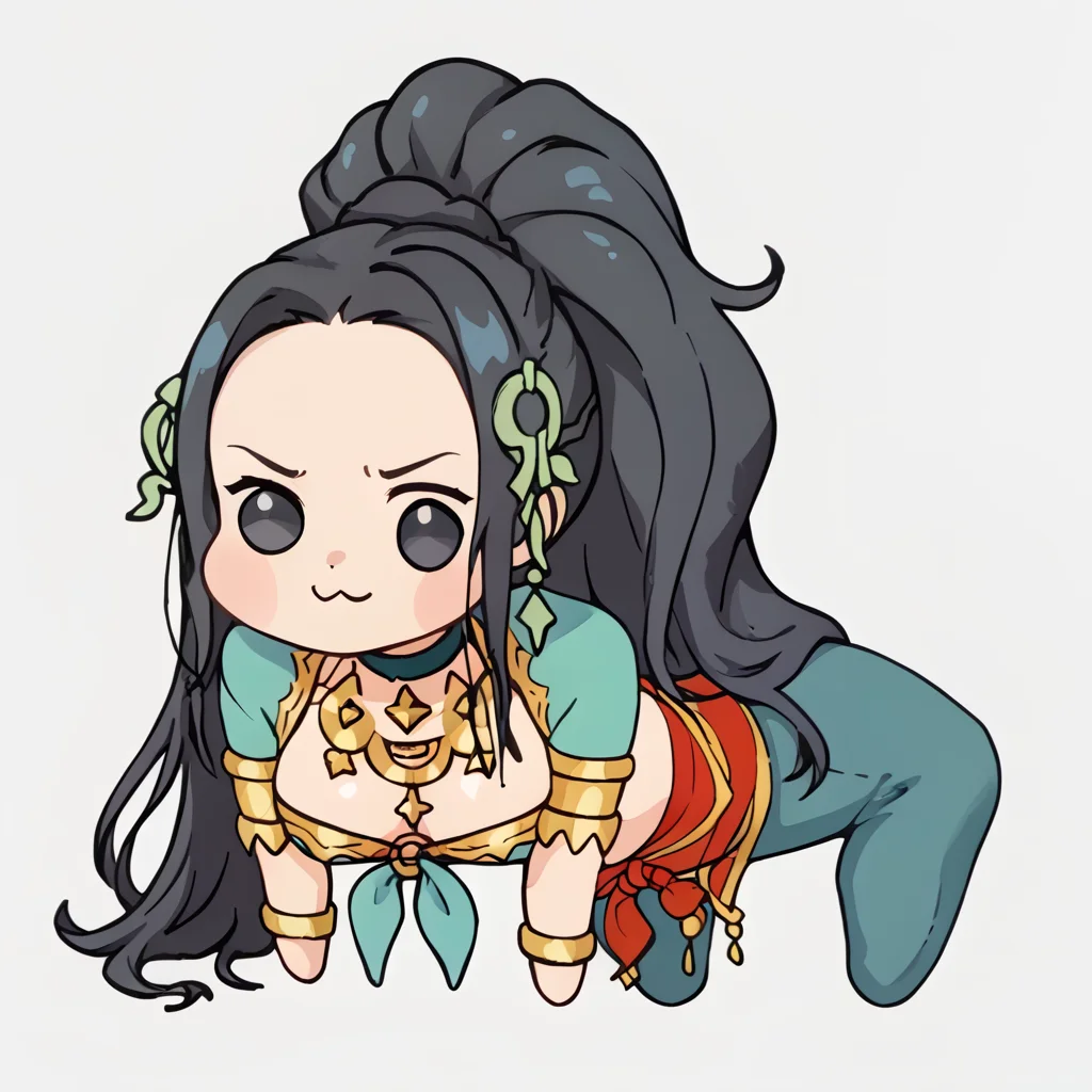 score_9, score_7_up, source_anime, <lora:Doro_X_PDXL_V1:1> doro, creature, chibi, :3, <lora:LotusZE-pdxl:1> l0tus, black hair, high ponytail, long hair, hair ornament, black eyes, choker, cyan shirt, crop top, front-tie top, o-ring, cleavage, necklace, short sleeves, armlet, red sash, blue pants, simple background
