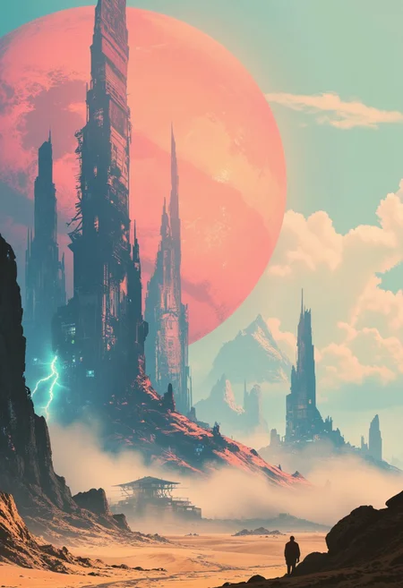 Faded neon colors of the 80s, washed-out pastel tones in spectral hues, combined with dystopian beige and gray. Retro scan of an 80s anime sci-fi book, lofi, grainy, vintage, melancholic yet futuristic.
A digital painting in the style of ck-js: Towering, weathered solar sails rise like colossal skyscrapers into the washed-out sky. Some sails remain taut, shimmering in faded neon hues of pink, cyan, and violet as they desperately capture the last energy of the pale sun. Others hang torn and broken, their jagged edges flapping in a slow, ghostly wind. Below, the barren desert stretches endlessly in cracked beige and muted gray, its fractured surface echoing the desolation of the world.
Among the sails lie abandoned structures: a translucent, gray plastic villa, eroded by sand, and a faintly glowing observation tower emitting soft pastel neon light. The horizon blurs into a swirling haze of dust, with the dim, dystopian sun casting long, harsh shadows across the wasteland. The composition is cinematic, with volumetric lighting, soft shadows, and a subtle film grain that adds to the vintage, otherworldly atmosphere. This hyper-detailed, hyper-realistic scene captures a melancholic beauty, blending faded 80s neon nostalgia with the stark decay of a dystopian future.