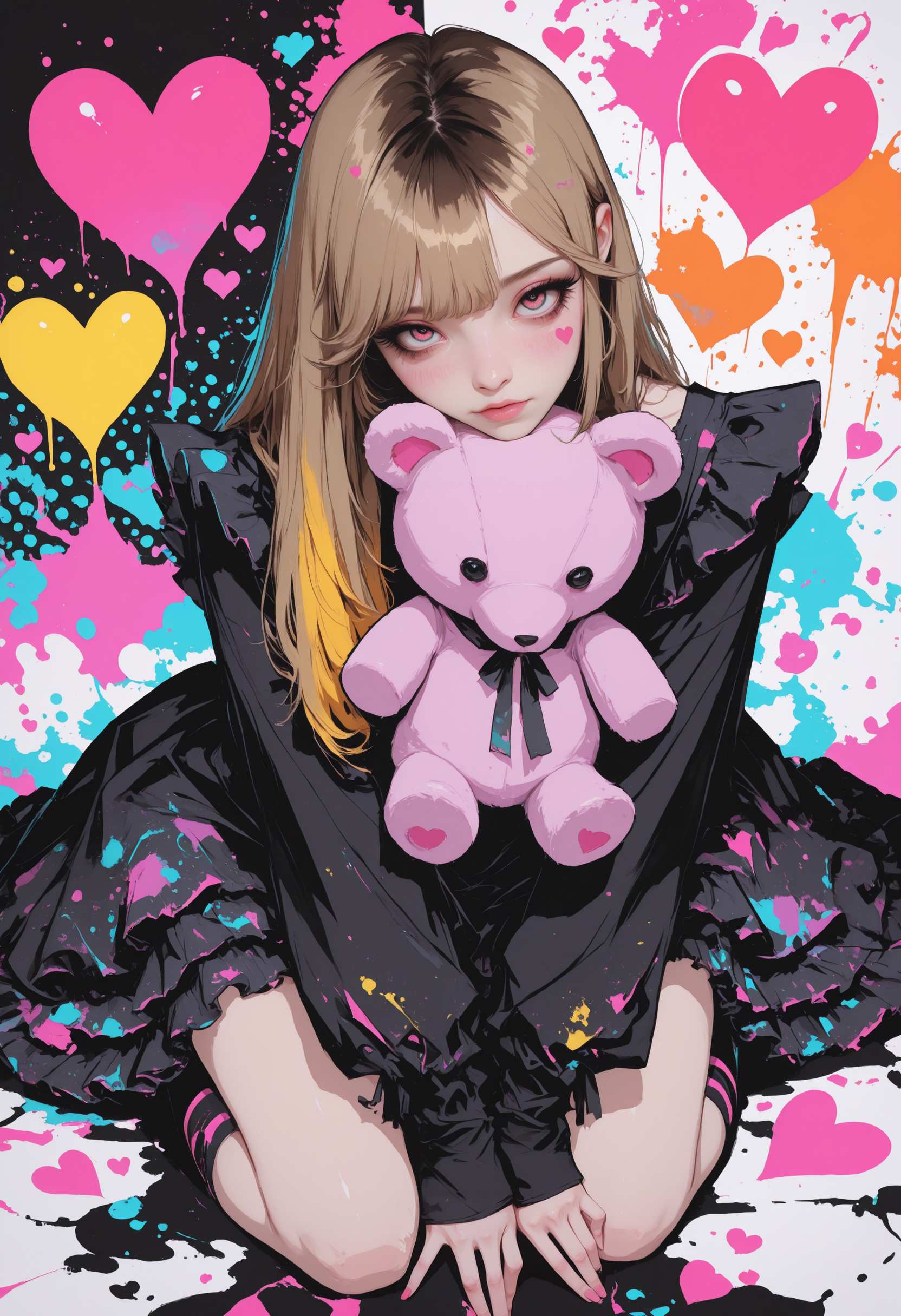 masterpiece, high_quality, highres, sharp_focus, detailed_eyes, looking_at_viewer, cutely, long_lashes, frilly_dress, wrists_tied, opaque_tighhighs,
warm_colors, circles, halftone_background, wind_effect, front_view, blushing, blush, uwu_expression,
kneeling, lying_down, hugging_stuffed_animal, 
half_up_half_down, blonde_hair, brown_hair,
r17329_illu <lora:r17329_illu:0.6>, hrtdrp, Hearts Drips, <lora:hrtdrp:0.5>
reij-incs, silhouette character, black ink, neon colors, colors splash effect  <lora:incs:0.8>, artist:moriimee  <lora:MoriiMee_Gothic_Niji_Style_Illustrious_r1:0.4>