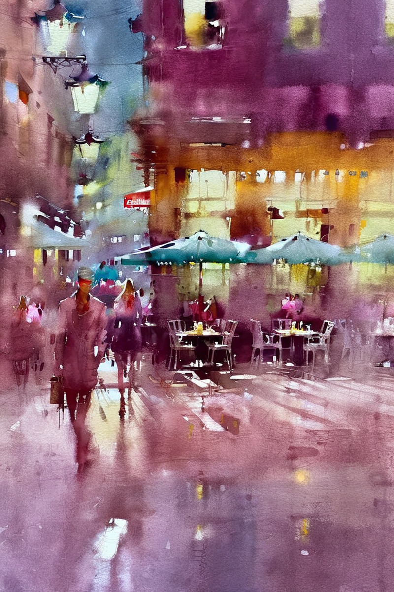 Watercolor masterpiece,city street scene,corner outdoor cafe,dusk,impressionist art paintings by Jeremy Mann,Miles Johnston,Alasdair McLellan,Daniel Merriam,Peter Glick,Darius Klimza,gorgeous art,beautifully lit,surreal,ethereal,exquisite details,brilliant,wonderful,outstanding,amazing colors,mysterious,watercolor wash,<lora:Watercolor _sdxl:1.9>,Watercolor style,