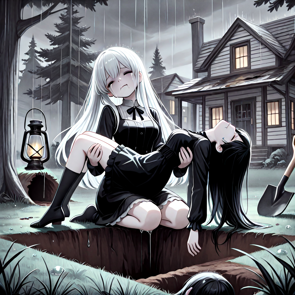 absurdres, explicit, grave digging, hand on ground, princess carry, 2girls, sleeping, carrying, crying, tears, sad, breasts, closed eyes, closed mouth, pale skin, long hair, black hair, white hair, gothic dress, bangs, tree, grass, death, corpse, victorian, house, building, oil lamp, lantern, shovel, fog, smog, grey sky, seiza, head tilt, rain, water drop, from below, low angle, wide shot, ((biting own lip)), ((leaning back)), <lora:girlhategravedigging_ilxl:0.8>