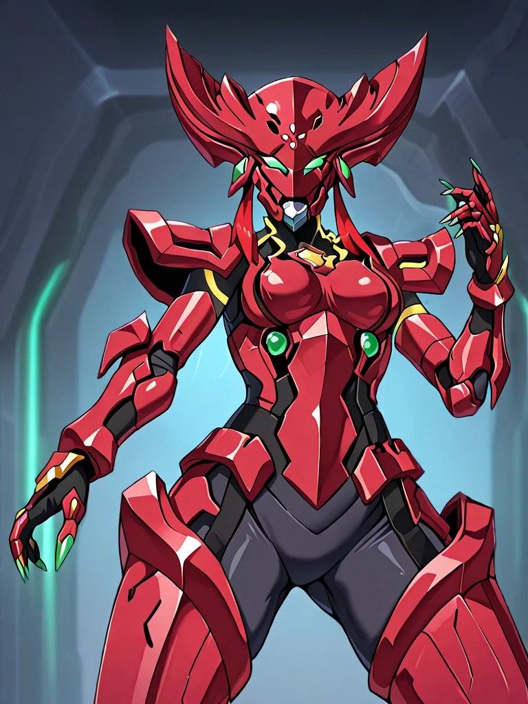 (masterpiece, very aesthetic, absurdres, best quality, high quality, cinematic shadow:1.4), body blush,character focus,perfect hands,medium breasts,sidelocks,  cowboy shot, <lora:HandFixer_pdxl_Incrs_v1:1> handfixer,looking at viewer,<lora:StS-Illustrious-Detail-Slider-v1.0:4>, ,,  <lora:eyelashext_v10:1>,  <lora:rouge:1>, rouge,rougeGladiator,armor,helmet,robot, robot girl,green eyes,no pupils, no humans,multicolored,neon trim,shoulder armor,claws,green nails,dynamic pose, dynamic angle, dynamic pov, solo,,
