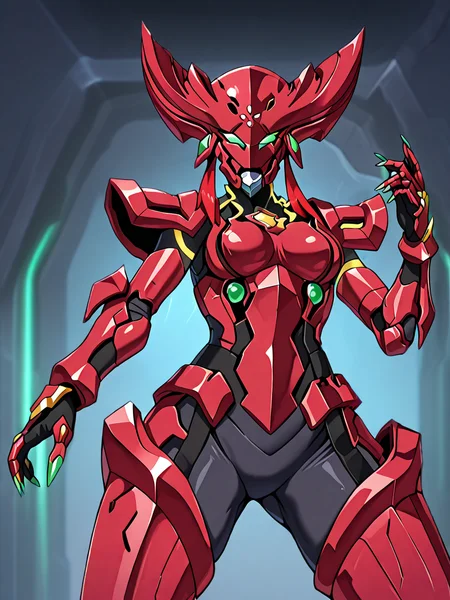 (masterpiece, very aesthetic, absurdres, best quality, high quality, cinematic shadow:1.4), body blush,character focus,perfect hands,medium breasts,sidelocks, cowboy shot, <lora:HandFixer_pdxl_Incrs_v1:1> handfixer,looking at viewer,<lora:StS-Illustrious-Detail-Slider-v1.0:4>, ,, <lora:eyelashext_v10:1>, <lora:rouge:1>, rouge,rougeGladiator,armor,helmet,robot, robot girl,green eyes,no pupils, no humans,multicolored,neon trim,shoulder armor,claws,green nails,dynamic pose, dynamic angle, dynamic pov, solo,,