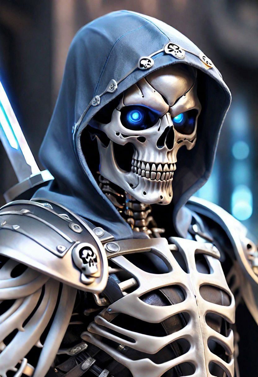 (masterpiece:1.2), best quality, high resolution, perfect lighting, extremely detailed, (Terminator assasin),  battle scared white and black carbon armor,  Wearing a dark cloak with hood, skull face just visable under hood, (very dim light blue eyes, eyes very dim blue glow), (full_armor fitted like a skeleton ribs design), humanoid, Metal Human skull head, (extreme detailed micro mechcanical scary Metal human skull design). Samurai sword shinning silver, Runes decorative embossments over his cloak, slim muscular body fast agile and stealthy, background a dark back street with subtle lighting and shadows, facing viewer, solo, Hired Cyborg Assasin