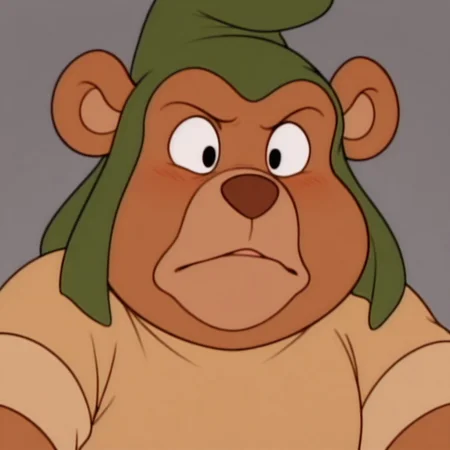 masterpiece, best quality, amazing quality, gruffi, male, furry male, anthro, solo, bear, brown fur, black eyes, tan muzzle, brown nose, paw pads, short, green hat, brown shirt, brown belt, confused, close up, portrait, grey background