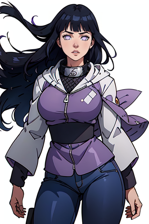 masterpiece,best quality,extreme detail,8k,white background,<lora:hinata:0.7>,hinata2,1girl,solo,long hair,looking at viewer,bangs,black hair,long sleeves,white background,very long hair,purple eyes,jacket,cowboy shot,parted lips,shiny,pants,hood,blunt bangs,shiny hair,floating hair,black pants,white jacket,hood down,hooded jacket,purple jacket,white eyes,forehead protector,konohagakure symbol,large breats,wide hips,