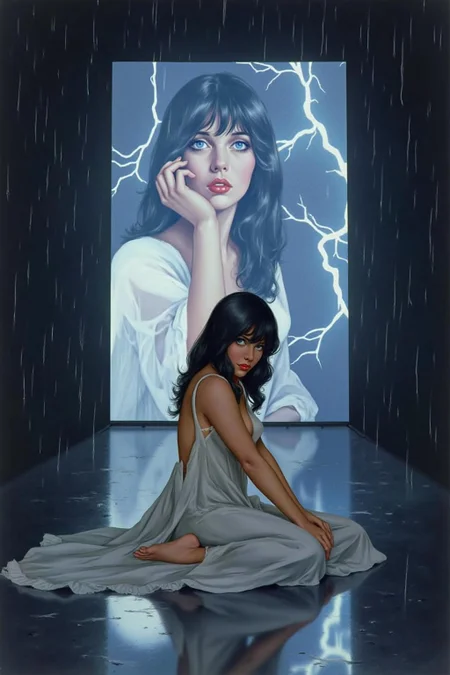a1bertova illustration.
Shot from the side, surreal, overhead shot of a a woman with long, dark hair, kneeling on a reflective, wet surface under intense rain and lightning. She wears a flowing, white dress. she gazes forward with an intense, almost sorrowful expression. Behind her, a massive screen displays a haunting image of the same woman, layered with flashes of lightning, adding a surreal, dreamlike quality. <lora:albertova1_cap_d6a3e11:1.0><lora:820985541534268229:0>