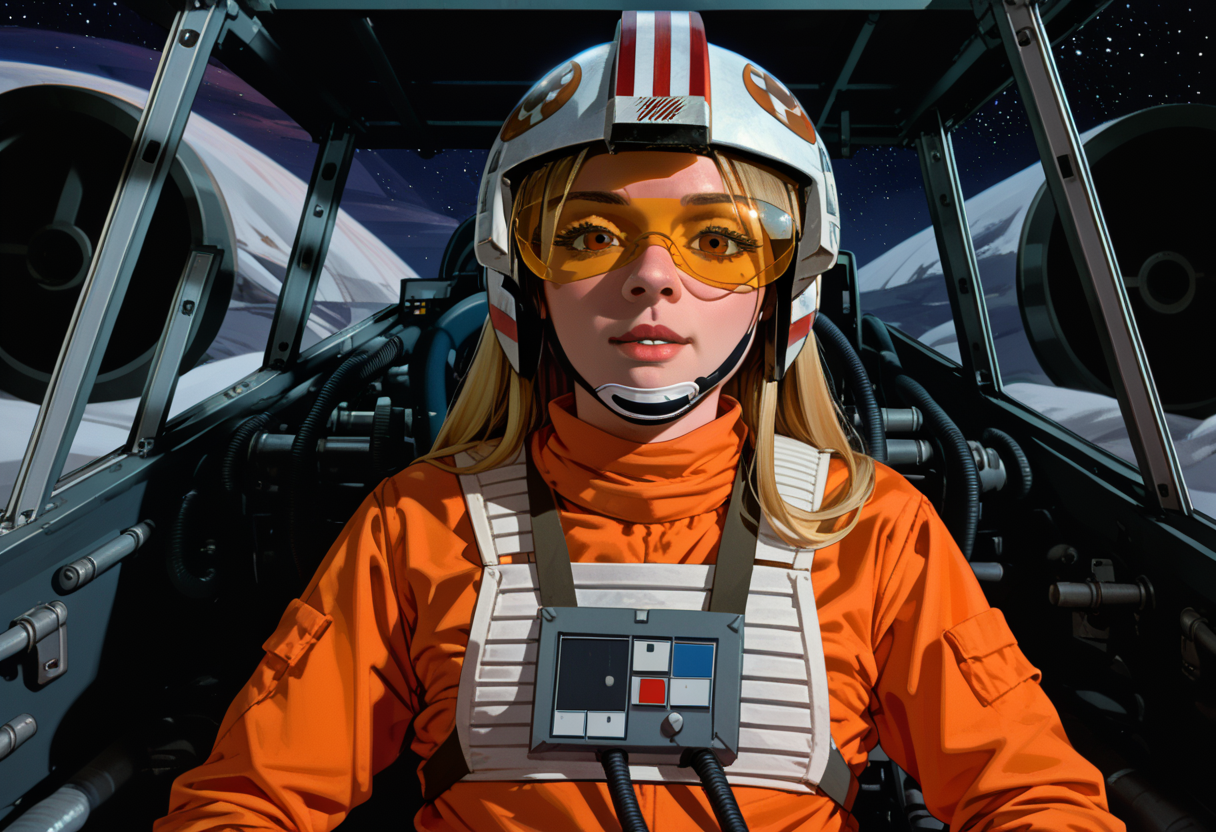 score_9, score_8_up, score_7_up, BREAK  1girl, solo, long hair, looking at viewer, blonde hair
,cockpit, 1girl, solo, long hair, looking at viewer,helmet,space,
rebelpilotsuit,orange pilot suit,orange jumpsuit,white vest
,<lora:RebelPilotPony-000026>