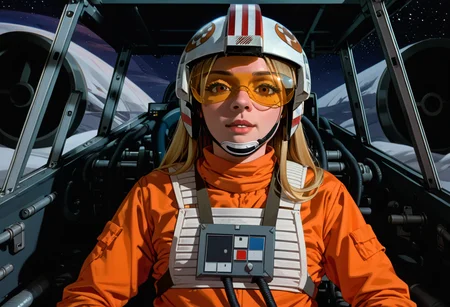 score_9, score_8_up, score_7_up, BREAK 1girl, solo, long hair, looking at viewer, blonde hair
,cockpit, 1girl, solo, long hair, looking at viewer,helmet,space,
rebelpilotsuit,orange pilot suit,orange jumpsuit,white vest
,<lora:RebelPilotPony-000026>