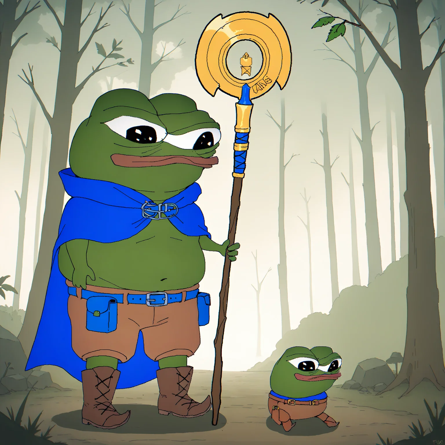 score_9, score_8_up, score_7_up, score_6_up, score_5_up,
Pepe,
hat, staff, solo, pouch, nature, forest, bird, belt, frog, cloak, 1boy, tree, outdoors, cape, parody, belt_pouch, holding, witch_hat, standing, holding_staff, boots, no_humans, black_eyes, style_parody, brown_footwear, full_body, day
<lora:Pepe_MKII:1>