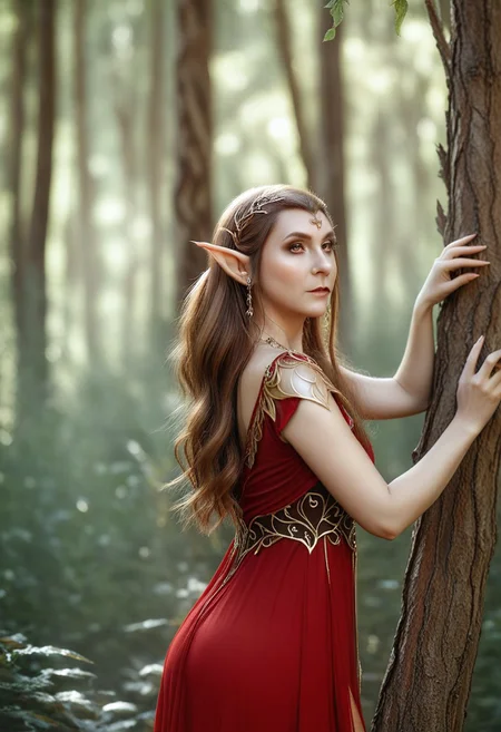 depth of field, fantasy photoshoot, photo, professional photoshoot,
1girl, elf, pointy ears, themes of red and gold,
long hair, dress, jewelry, brown hair,
summer forest, branches in foreground, blurry foreground, trees in background,
realistic, blurry