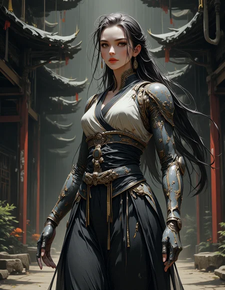 A cyborg Chinese heroine stands before a ancient structure adorned with traditional Chinese machinery. Her mechanical arms have replaced her original limbs, with metallic skin hidden beneath her traditional martial arts attire. A portion of her face is scarred, revealing mechanical components underneath. The overall style is cold and modern yet blended with Chinese elements. Watercolor ink wash technique is used to create a moody atmosphere, incorporating cyberpunk elements. Darker tones dominate the color palette.,,cyborg woman, Chinese heritage, martial arts attire, metallic skin, scarred face, mechanical arms, traditional machinery, ancient structure, cold modern style, cyberpunk elements, watercolor ink wash, moody atmosphere, darker tones,,<lora:Mechanical body:0.6>,<lora:Ethereal_EasternV2:0.6>