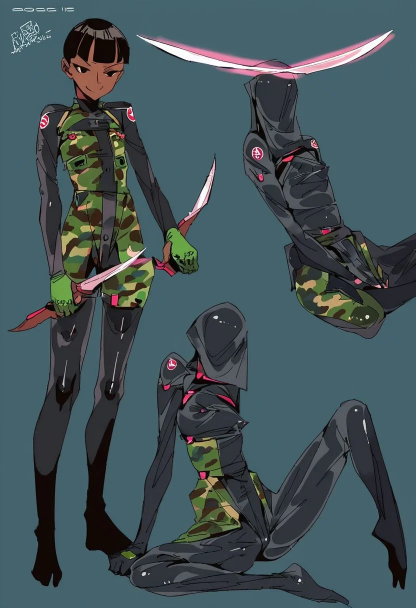 score_9, score_8_up, score_7_up, score_6_up, score_5_up, score_4_up, 1girl, black eyes, green tree, ((midnight)), tilted angle, loop lighting, (((forest))), solo, ((((holding sickle)))), Concept Art, (((((((camo bodysuit))))))), flat breasts, flat ass, skinny leg, skinny body, slim girl, (18 years old)), ((pettie)), narrow waist, flat chest, , (((short))), flat breasts, flat ass, narrow waist, ((flat chest)), (((short))), ((flat chest)), (((anorexic))), ((((dark skin woman))))), (((tight green glove))), ((((bodysuit)))), black hair, (((pixie cut))), (((smug))), ((green glove)), , ((nipple)), ((((((dynamic pose))))))) , ((((((dynamic hand))))))) , ((((((dynamic leg))))))) ,(((((((transparent black bodysuit)))))), ((transparent gas mask)), , ((((lesbian))))), ((((lying down)))), ((((character sheet))))