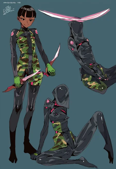 score_9, score_8_up, score_7_up, score_6_up, score_5_up, score_4_up, 1girl, black eyes, green tree, ((midnight)), tilted angle, loop lighting, (((forest))), solo, ((((holding sickle)))), Concept Art, (((((((camo bodysuit))))))), flat breasts, flat ass, skinny leg, skinny body, slim girl, (18 years old)), ((pettie)), narrow waist, flat chest, , (((short))), flat breasts, flat ass, narrow waist, ((flat chest)), (((short))), ((flat chest)), (((anorexic))), ((((dark skin woman))))), (((tight green glove))), ((((bodysuit)))), black hair, (((pixie cut))), (((smug))), ((green glove)), , ((nipple)), ((((((dynamic pose))))))) , ((((((dynamic hand))))))) , ((((((dynamic leg))))))) ,(((((((transparent black bodysuit)))))), ((transparent gas mask)), , ((((lesbian))))), ((((lying down)))), ((((character sheet))))