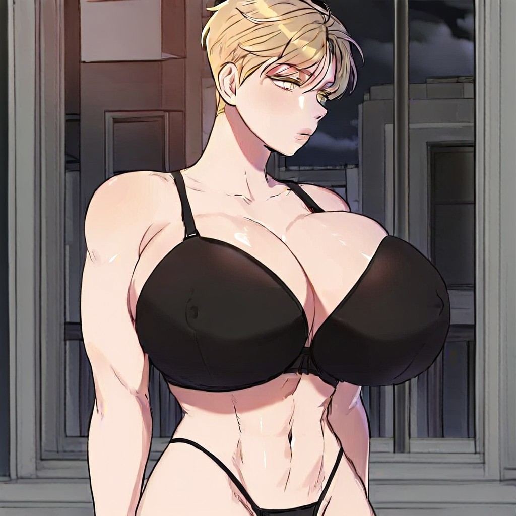 score_9, score_8_up, score_7_up, 1girl, solo, breasts, city, night, huge breast, blonde hair, yellow eyes, Seojiahfg, short hair, tomboy, black bra, black thong, Santetsu