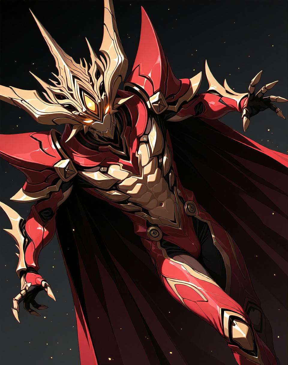 perfect depth of field shot, masterpiece, beautiful, sharp focus, crisp details, 
<lora:Zoalord_(Guyver)_(Illustrious)_(AD):1> Zoalord, Guyver, monster, 
((dynamic action, dynamic perspective, dutch angle, bent knee, cowboy shot, ):1.5), 
((colored body, wearing a cape, detailed face and eyes, ):1.5), glowing eyes, solo, bioboosted body, biomechanical, end boss, perfect form, perfect proportions, abs, regal and strong, imposing, presence demands respect and deference, gradient style anime coloring,   
BREAK Smooth Quality, IllusP0s, lazyhand, lazympos, lazynsfw,