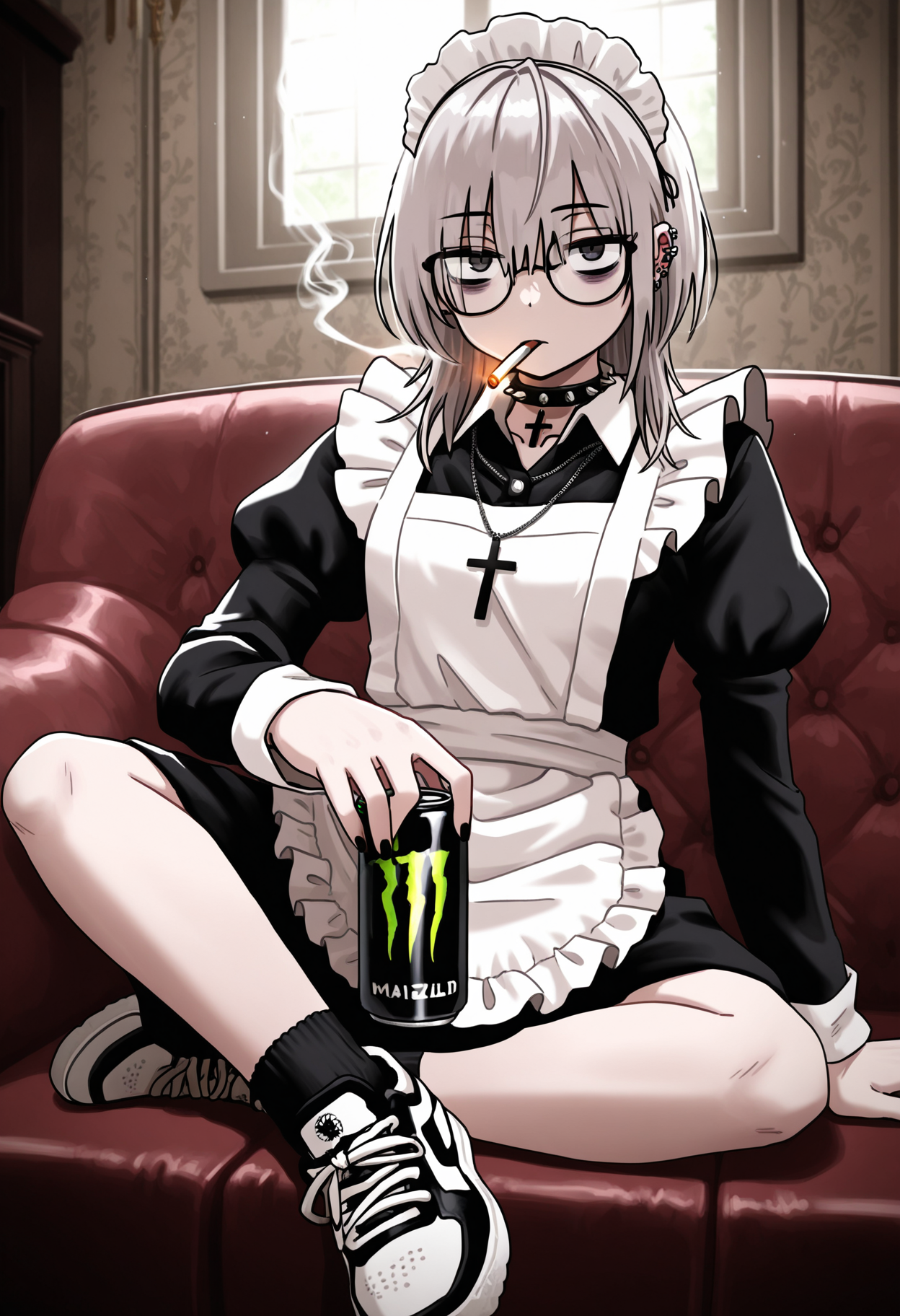 masterpiece,best quality,amazing quality,
1girl, can, cross, glasses, jewelry, maid headdress, apron, piercing, energy drink, ear piercing, holding, cross necklace, holding can, socks, necklace, sitting, collar, spiked collar, spikes, solo, looking at viewer, maid apron, medium hair, frilled apron, bangs, frills, maid, latin cross, indoors, cigarette, shoes, earrings, long sleeves, choker, bags under eyes,
<lora:Drifter:1>