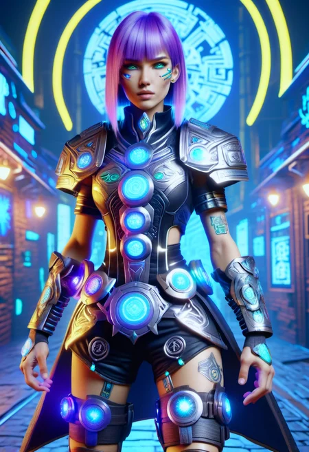 hyper detailed masterpiece,DonMMy51ic4lXL, male female cyber mercenary, legal age, fit, central asian, hazel eyes, uneven cheeks, oblong face shape, , lilac wispy bangs hair, satisfaction, running start, character leans forward with one foot back, poised for a sprint, wearing holographic culottes, holo-glitter hot shorts, holo-glitch sneakers, , power pose, character stands with legs apart, fists clenched, and head held high, projecting strength, glowing tattoos and implants, scavengers searching for valuable cyberware and tech relics, cyberpunk fantasy , runes <lora:DonMMy51ic4lXL-v1.1-000006:0.8>