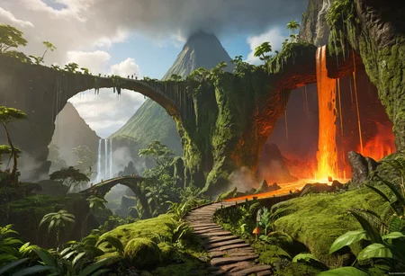 Split terrain in left and right side, where the right side is lava land landscape and the left side is a jungle and water.
masterpiece, best quality, ultra detailed, professional light, cinematic lighting, ambient lighting, atmospheric effects, photorealistic, epic landscape, high fantasy, waterfall, mountains, cliff, one bridge, (path with gold filled cracks), clouds, high trees, giant trees, weird trees, rainbow mushrooms, (jungle), volcano.