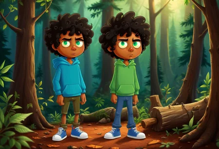max (camp camp), cartoon theme, max (camp camp), 1boy, solo, human, male focus, curly black hair, curly tousled black hair, afro, dark skin, dark-skinned male, large eyes, round eyes, green eyes,small nose, triangular nose, pointed nose, blue hood, blue pants, beautiful forest horror, midjourneyv6.1, flux-style
