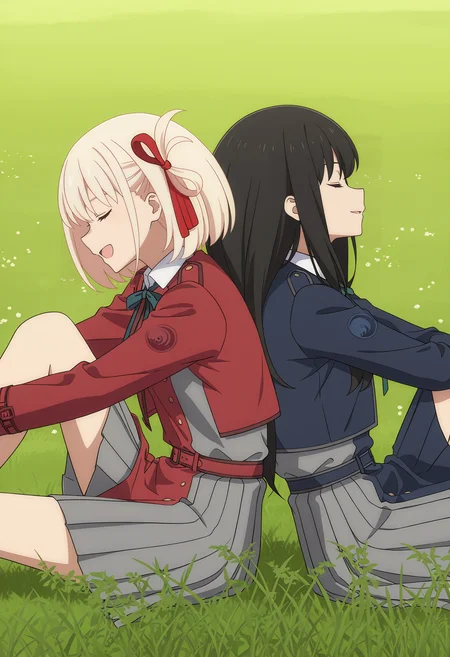 <lora:Chisato&Takina_Illustrious-000036:1>,
Chisato NISHIKIGI,
Takina INOUE,
closed mouth,cowboy shot,2girls,back-to-back,head up,sitting,outdoors,in a meadow,knee up,from_side,profile,arms on knee,smile,open mouth,closed eyes,blonde hair,black hair
