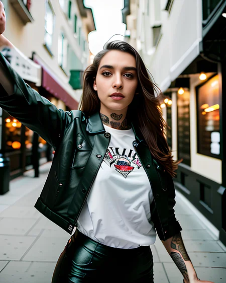 RAW photo, (masterpiece), best quality, extremely detailed, one man, solo, sharp, studio quality, brown hair, black leather jacket, black pant leggings, tattoos, piercings, punk, goth, black leather boots, outside, walking,sidewalk, in the city,dirty street, messy, sunset, outside coffeeshop, dynamic light, looking at viewer, 8k uhd, dslr, soft lighting, high quality, film grain, Fujifilm XT3, pov view, ((armoutstretched:1.2)), <lora:selfiearm:0.85>