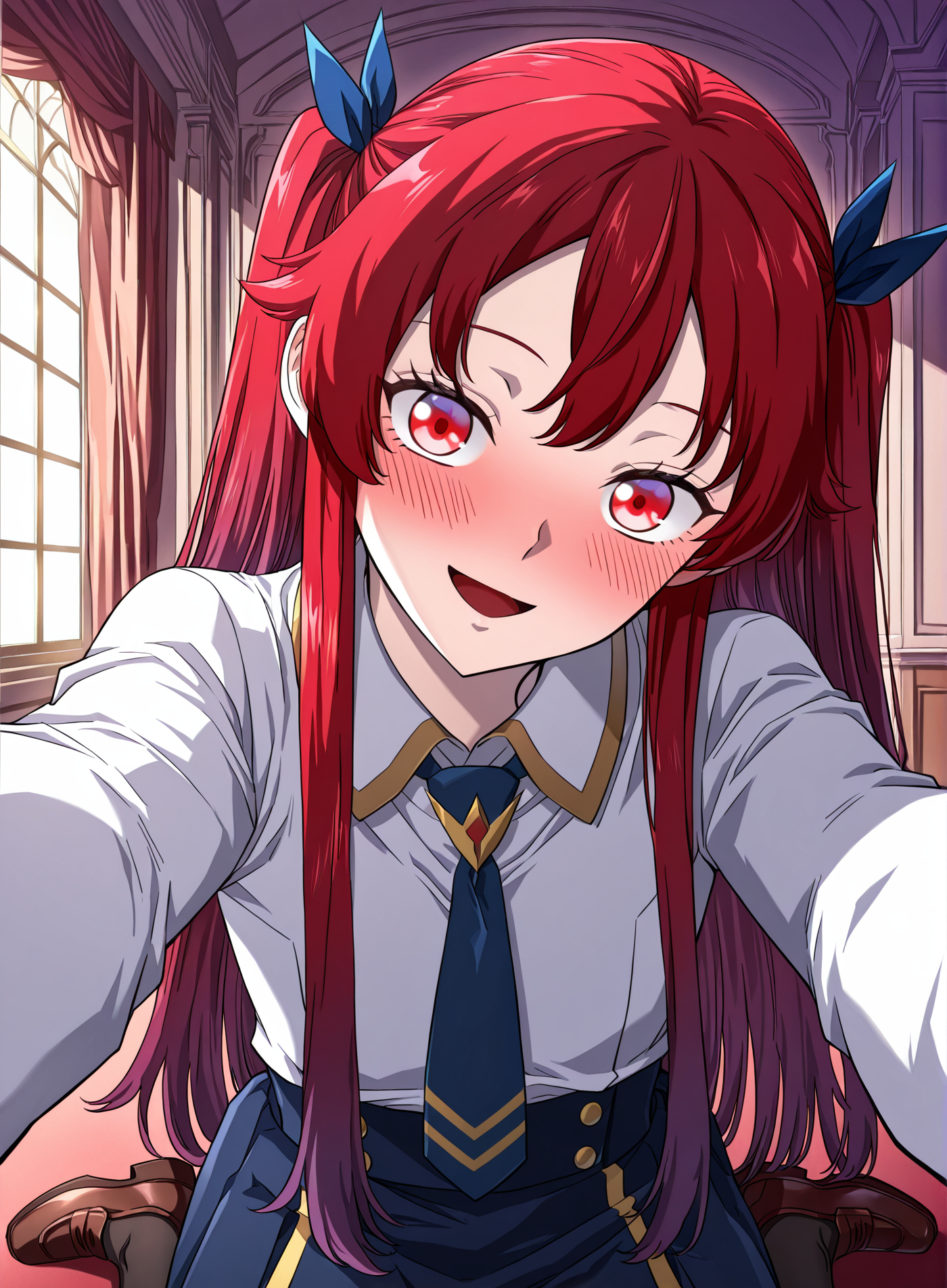 <lora:Camus Morgue _ Revenge of the Iron-Blooded Sword Hound _ Illustrious_epoch_7:1>
Camus_Morgue_young, 1 girl, solo, round face, large red eyes, fair skin, petite build, small breats, long red hair, straight hair, twin ponytails, front bangs, slight purple gradient tips, 
white school uniform shirt, small gold-trimmed collar, high-waisted navy skirt, black tights, blue necktie, blue ribbon hair ties,  brown shoes
score_9, score_8_up, score_7_up, score_6_up, source_anime, rating_explicit, 1girl, solo, smile, embarrassed, alcalose eyes, open mouth, mansion, indoors, looking at viewer, outstretched arms, pov, close-up, (head tilt:1.2)
