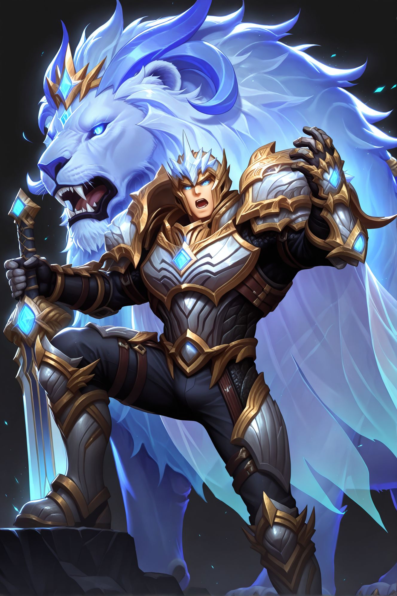 1boy,blue eyes,glowing eyes,muscular male,mature male,bara,upper body BREAK
(masterpiece, best quality, high quality, absurdres, high detail),(1boy,solo,mature male) BREAK
holding sword,dynamic pose,knee up,hand up,open mouth,black background,blue light,
animal,blue lion,transparent lion,lion in background,
god-king_garen,god-king armor,god-king helmet,shoulder armor,gauntlets,transparent cape,armor,cape,helmet,
<lora:hand 5.5:1>,<lora:add-detail-xl:1>,<lora:4k:1>,<lora:god-king__garen:0.8>,<lora:sn0w:1>,, <lora:Expressive:0.8>,