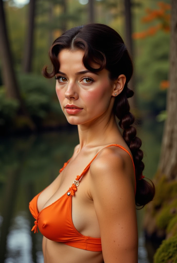 1950s Technicolor pin-up: slender light-skinned woman in micro orange bikini, defined ribcage and gentle curves; long raven braids banded in matching orange frame sharp cheekbones. Fiery amber eyes lock forward, lips parted in serene allure. Shot tight on torso and profile, soft key light from upper left kisses collarbones and casts velvet shadows across satin skin. Backdrop: blurred vermilion-maple forest bokeh, hints of emerald moss. Hyper-real grain, saturated citrus & scarlet palette, faint lens flare on chrome film edge.