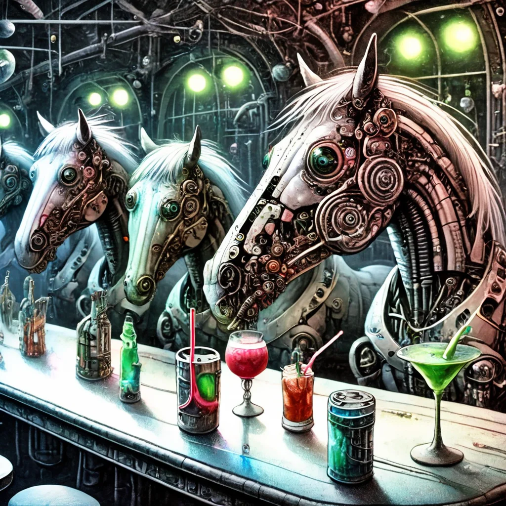 fantoria Cyber-horses drink drinks in a nightclub<lora:fantoria:1>