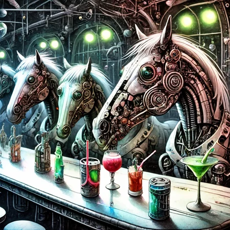 fantoria Cyber-horses drink drinks in a nightclub<lora:fantoria:1>