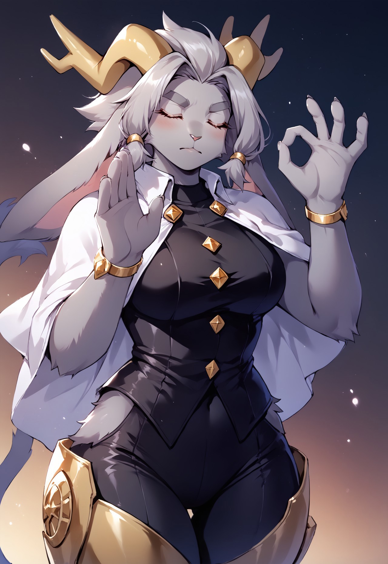 safe_pos, solo, 1girl, score_9, score_8_up, score_7_up, sybil (((pachameme, hands up))), ok sign, closed eyes(pseudoregalia), thicc  very sexy, Grey fur, grey hair, bangs, blue eyes, floppy ears, jackalope, shawl, leg armor, (black tight pants))), empty hands carrying nothing, Fixhand, close up