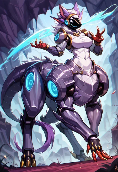 score_9, score_8_up, score_7_up, score_6_up, score_5_up, score_4_up, 1girl, protogen, female protogen, curvy body, taur, taur body, long body, big body, four legs, taur dragon lower body, dragon taur, detail body, muscular body, detail muscles, big body taur, taur details, mecha body, armor mecha, mecha armor, detailed, reactor in the breat, glow leds, neon details, protogen visor face, detail synth, synth taur, mecha protogen, glowing eyes, pointy ears, large breasts, shoulder armor, smile, looking at viewer, tail, mecha body, robotic body, shiny blue leds, black detail body, red detail armor, golden details, reactor in the belly, detail reactor, taur, synth taur, golden details, white claws, more details, quadrupede, big legs, long legs, big body taur part, large body,