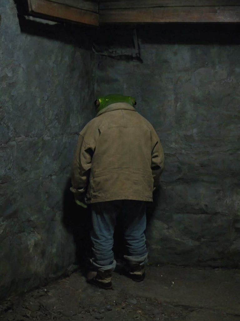 bwp-corner, bwp-style, nighttime, backside of a frog wearing clothes (standing:1.1) in a corner (facing a wall:1.2) , dark house, cropped, movie, (animal focus:1.1), eerie,  <lora:- SDXL - bwp-style_blair_witch_project1999_V1.0-step00000500:.7>   <lora:- SDXL - n-eeyblch_eye_bleach_V1.0-.5>