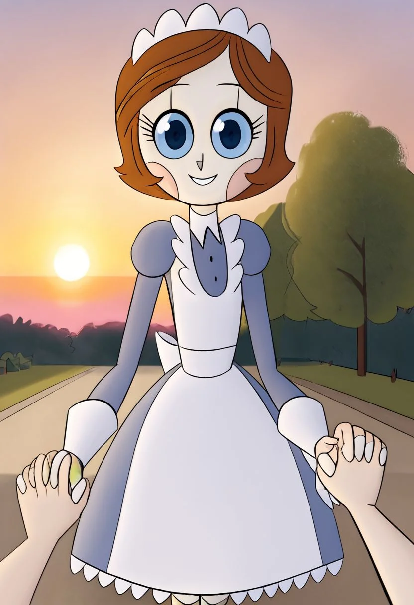 Polly, brown hair, short hair, maid uniform, maid headpiece, cute face, standing outside, walking, smile, holding pov hand, date pov, sunset, gentle breeze, human pov, detailed, masterpiece