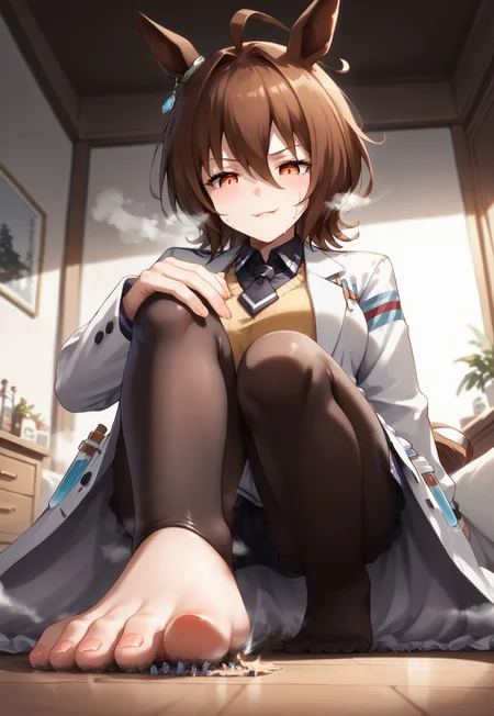 safe_pos, score_9,score_8_up,score_7_up, source_anime BREAK 1girl, foot focus, feet, covered feet, pantyhose, foreshortening, solo, straight_legs, ((steamy_feet)), giantess, giant, huge woman, POV,stepping on viewer, jitome, half-closed eyes, smug, biting lip, looking down, horny, blushing,(standing up looming above viewer),size difference, shrunken man under foot,under_foot_tiny, bedroom, cute bedroom, messy room,

Agnes Tachyon,1girl, jewelry, purple eyes, purple hair, messy hair, animal ears, orange eyes, solo, horse ears, red eyes, bangs, medium hair, short hair, brown eyes, ahoge, horse tail, brown hair, green hair, earrings, horse girl, hair between eyes,single earring, long sleeves, sleeves past wrists, sleeves past fingers, collared shirt, black shirt, yellow sweater, sweater vest, black necktie, short necktie, open coat, white coat, labcoat, test tube, vial, zipper, black pantyhose,

giantess, steam, sweat steam, view from below, (extreme low angle view), cowboy shot, view from the floor looking up,